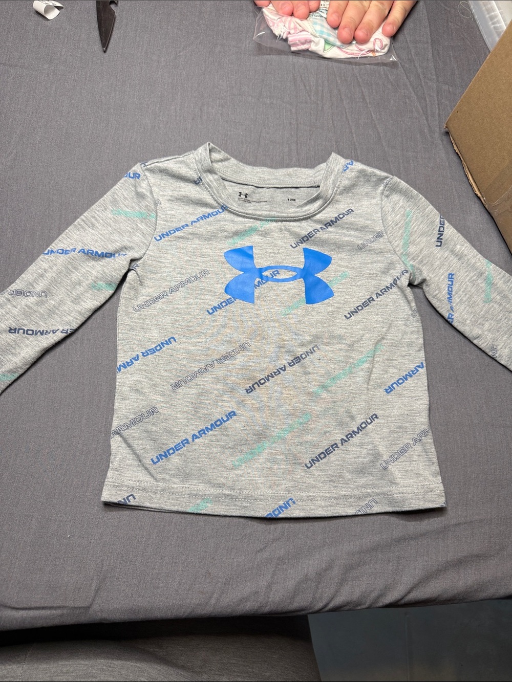 Under Armour Light Gray Long Sleeve Tee with Blue Logo